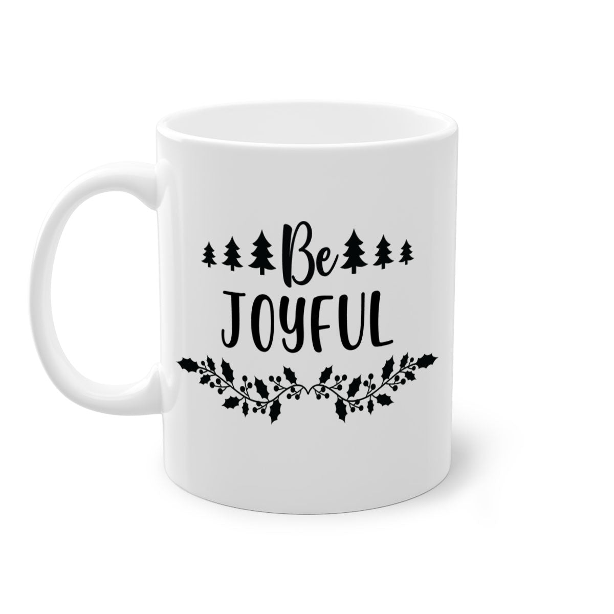 Be Joyful Style 62# Christmas Mug with colorful handle and glossy finish, available in two sizes.