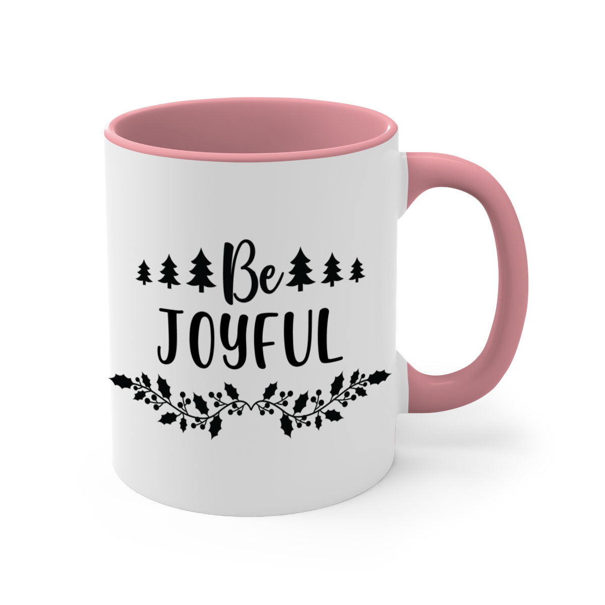 Be Joyful Style 62# Christmas Mug with colorful handle and glossy finish, available in two sizes.