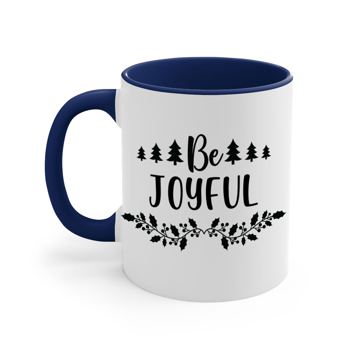 Be Joyful Style 62# Christmas Mug with colorful handle and glossy finish, available in two sizes.