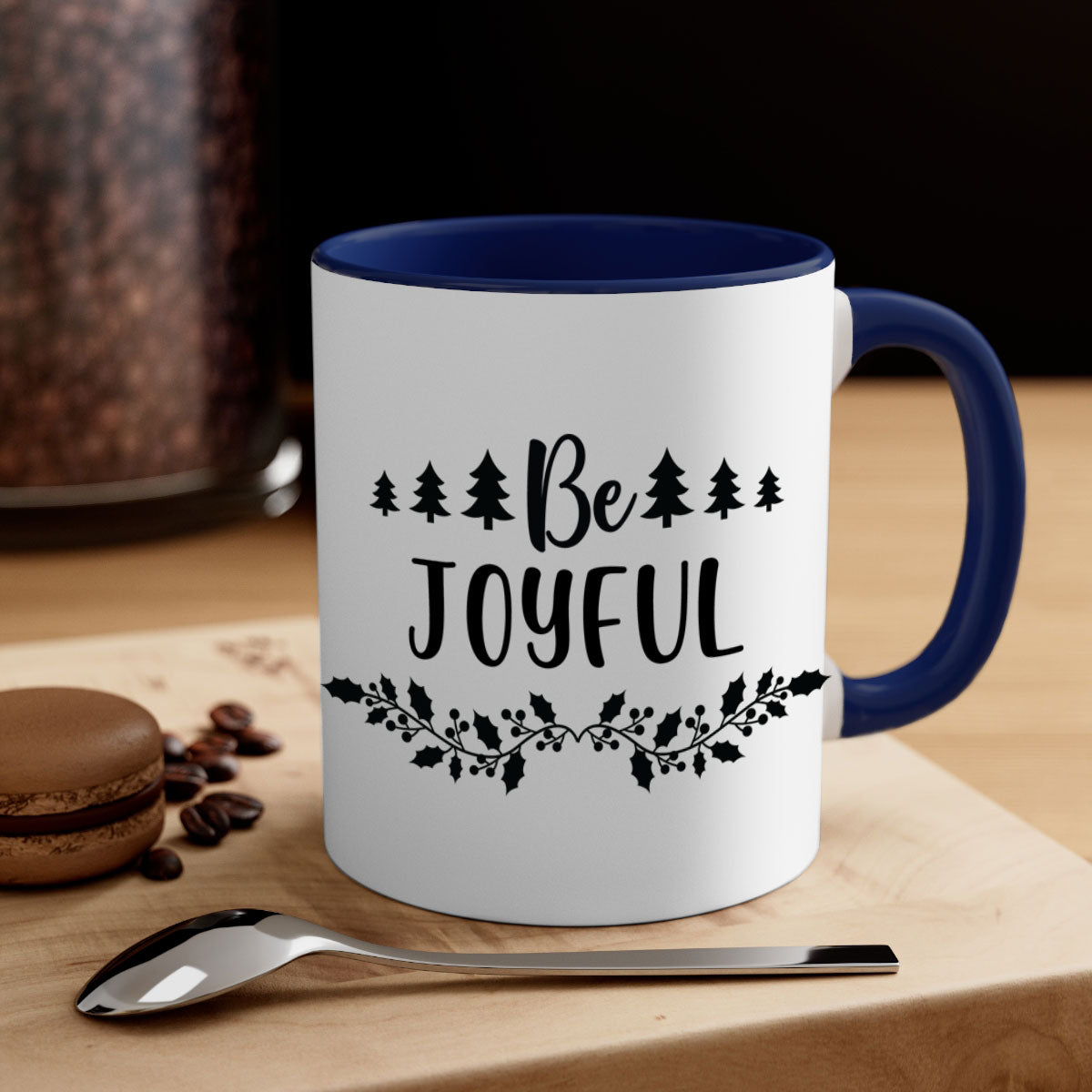 Be Joyful Style 62# Christmas Mug with colorful handle and glossy finish, available in two sizes.