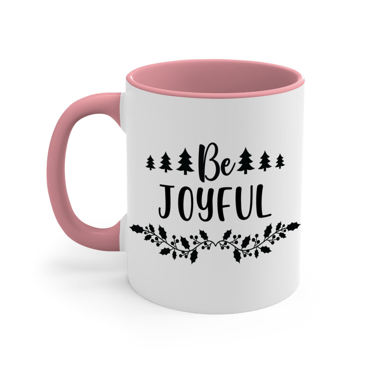 Be Joyful Style 62# Christmas Mug with colorful handle and glossy finish, available in two sizes.