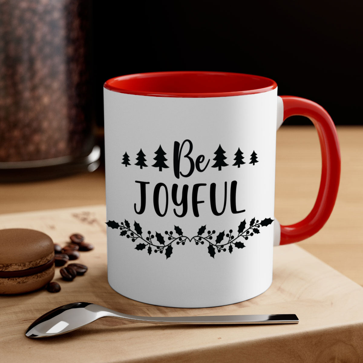 Be Joyful Style 62# Christmas Mug with colorful handle and glossy finish, available in two sizes.