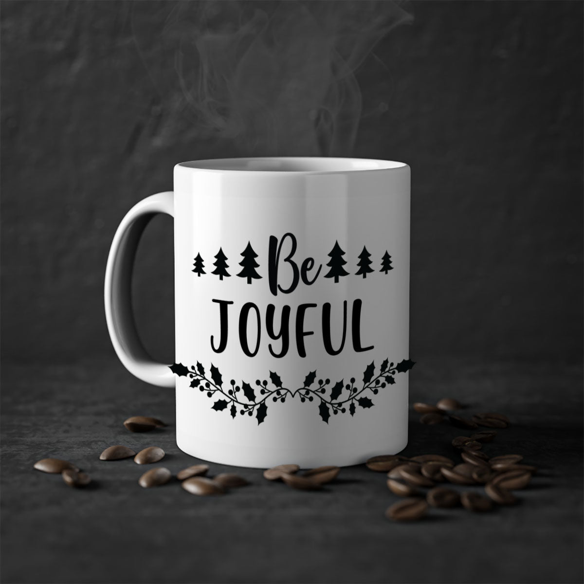 Be Joyful Style 62# Christmas Mug with colorful handle and glossy finish, available in two sizes.