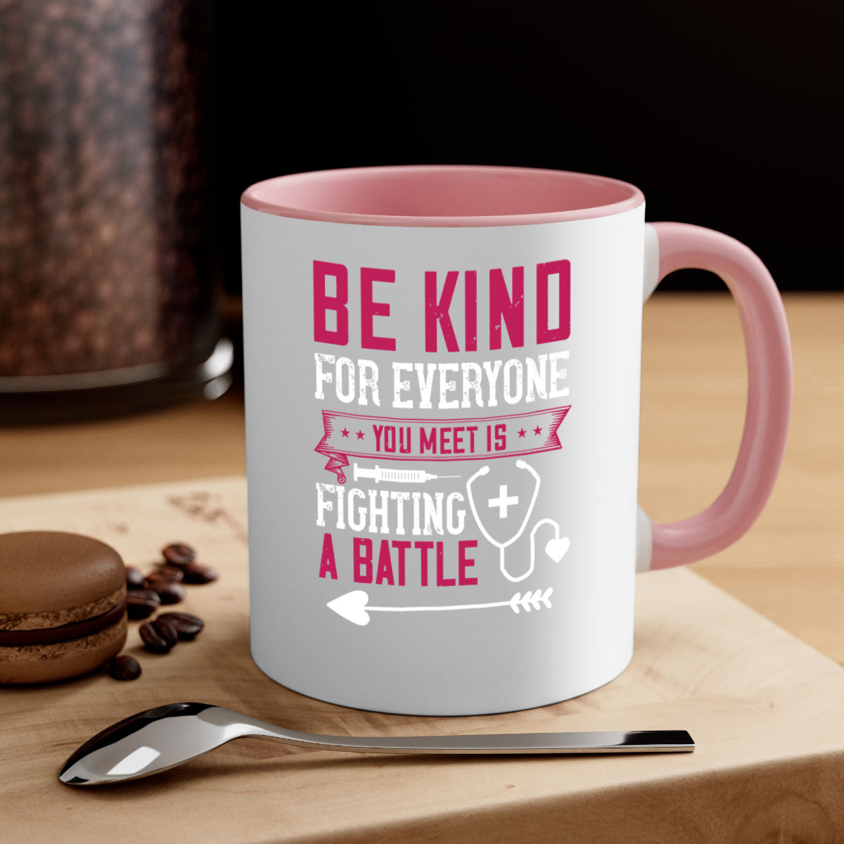 BE KIND mug featuring a motivational quote, available in multiple colors with a glossy finish and easy-grip handle.