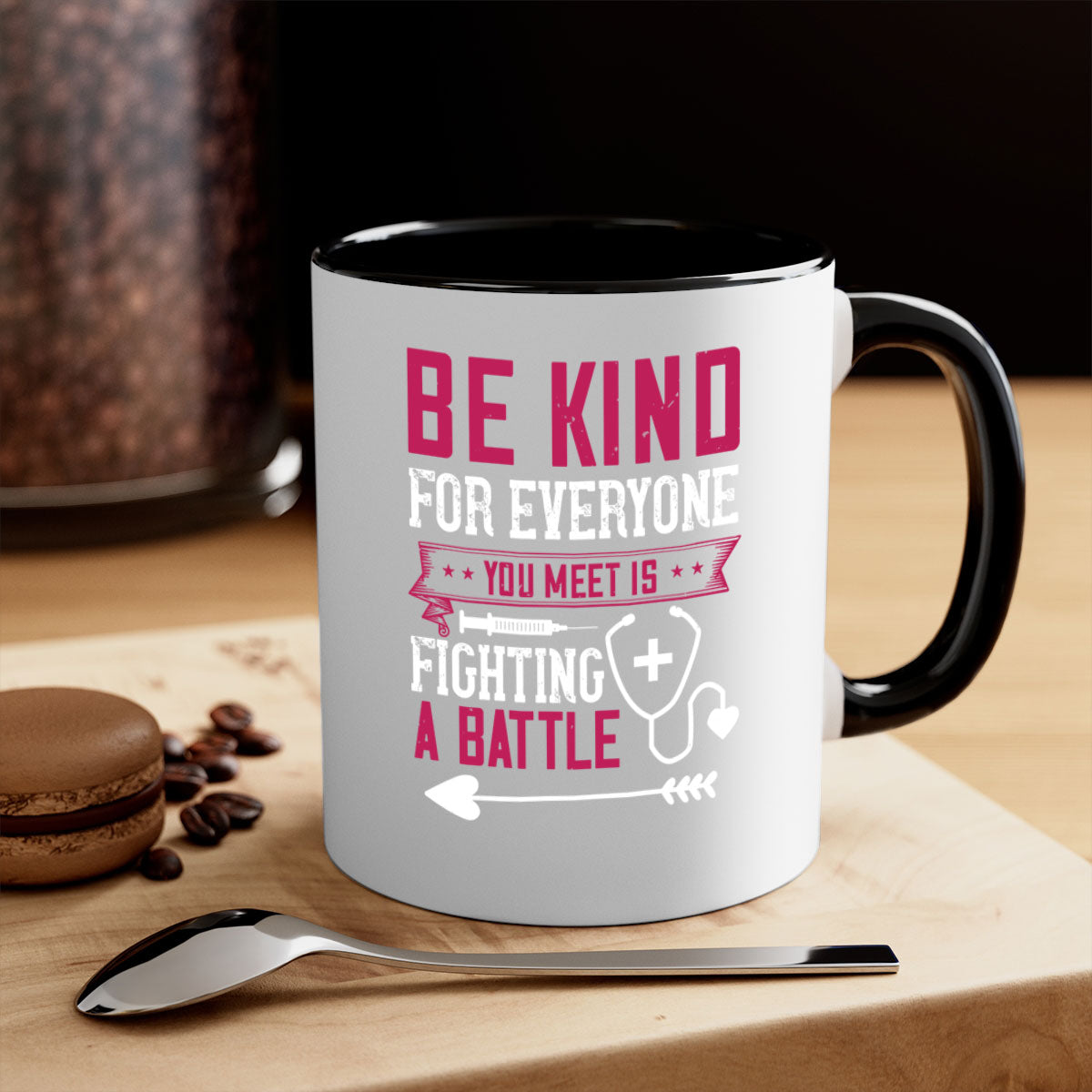 BE KIND mug featuring a motivational quote, available in multiple colors with a glossy finish and easy-grip handle.