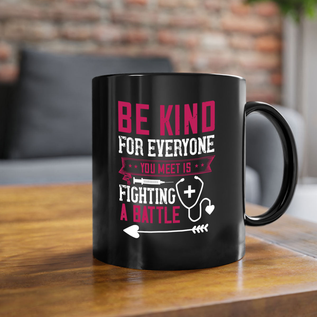 BE KIND mug featuring a motivational quote, available in multiple colors with a glossy finish and easy-grip handle.