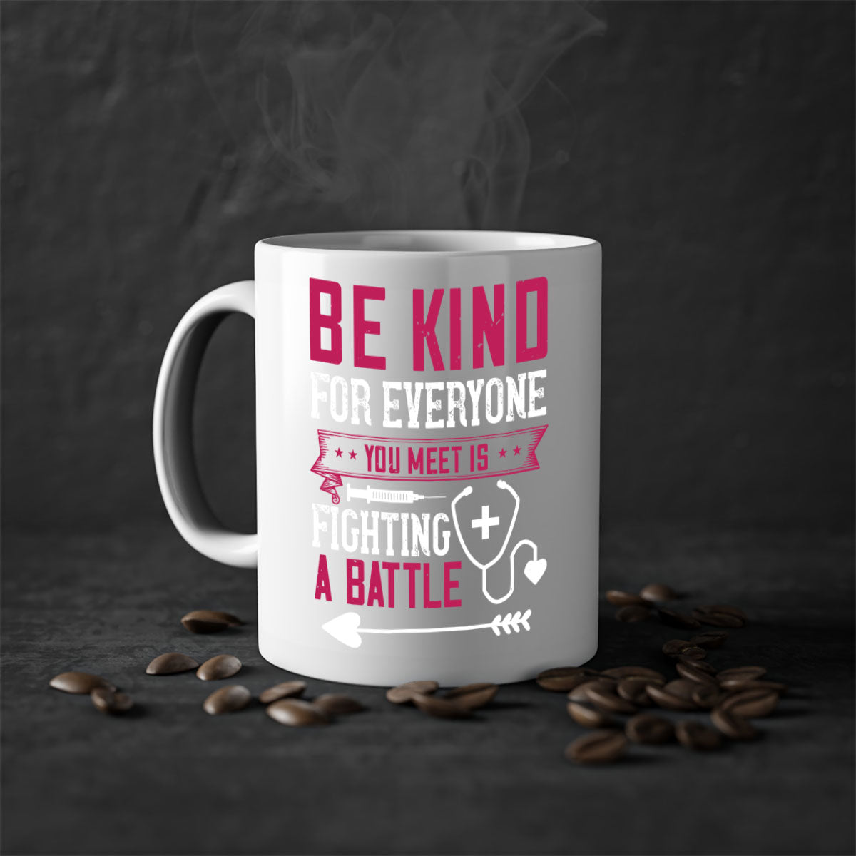 BE KIND mug featuring a motivational quote, available in multiple colors with a glossy finish and easy-grip handle.