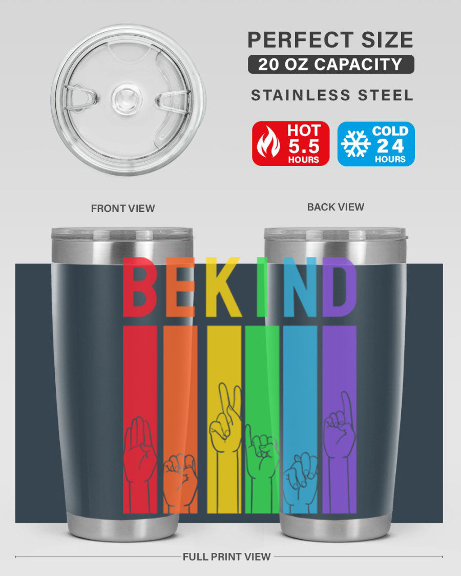 Be Kind Hand Sign Language Tumbler in stainless steel with a vibrant design promoting kindness, perfect for hot and cold beverages.