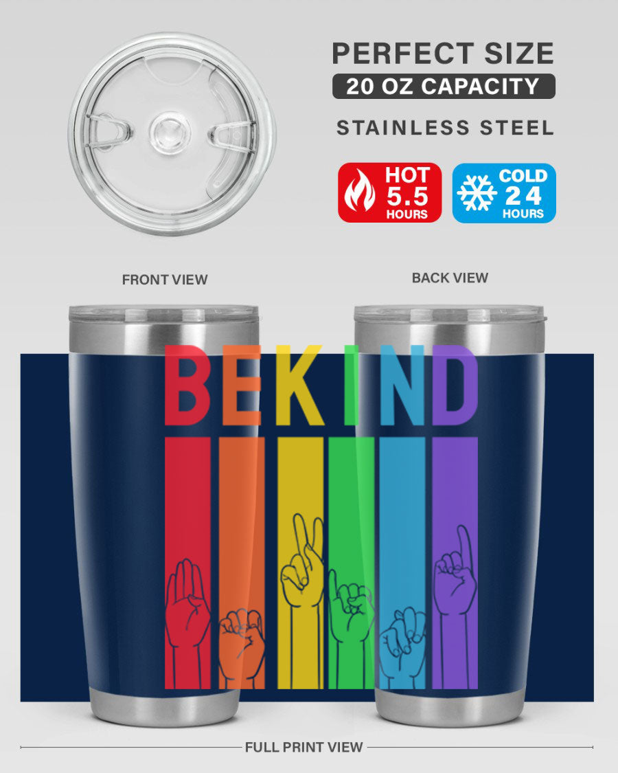 Be Kind Hand Sign Language Tumbler in stainless steel with a vibrant design promoting kindness, perfect for hot and cold beverages.