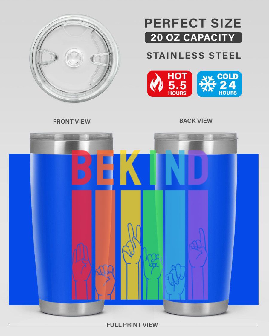 Be Kind Hand Sign Language Tumbler in stainless steel with a vibrant design promoting kindness, perfect for hot and cold beverages.