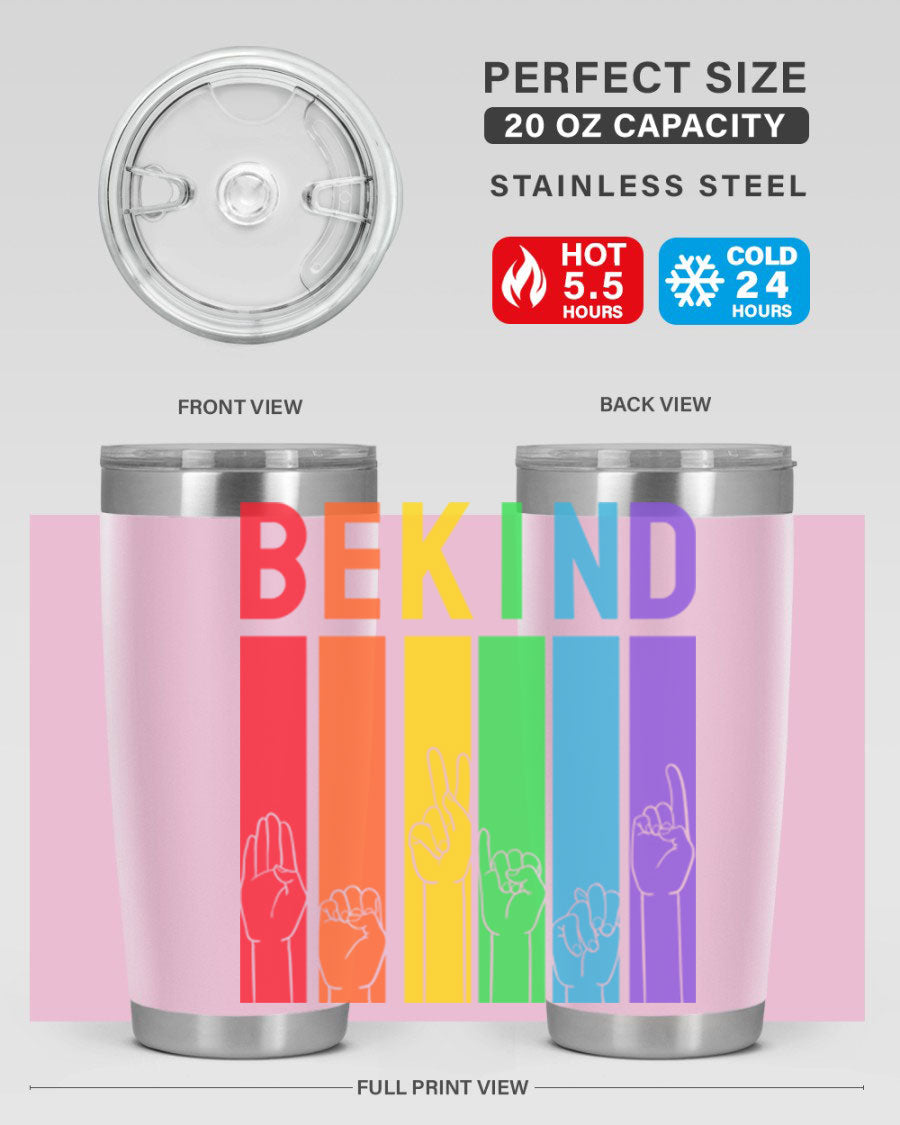 Be Kind Hand Sign Language Tumbler in stainless steel with a vibrant design promoting kindness, perfect for hot and cold beverages.