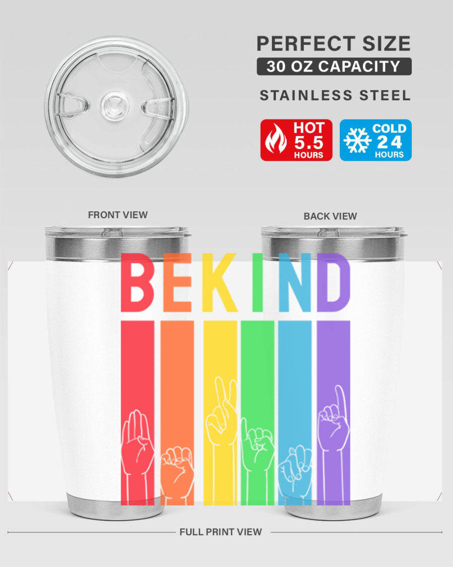 Be Kind Hand Sign Language Tumbler in stainless steel with a vibrant design promoting kindness, perfect for hot and cold beverages.