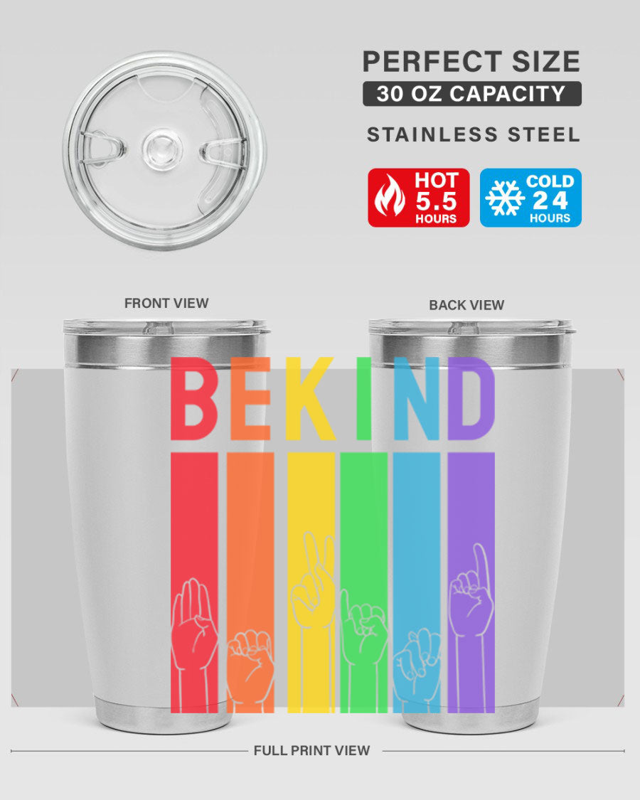 Be Kind Hand Sign Language Tumbler in stainless steel with a vibrant design promoting kindness, perfect for hot and cold beverages.