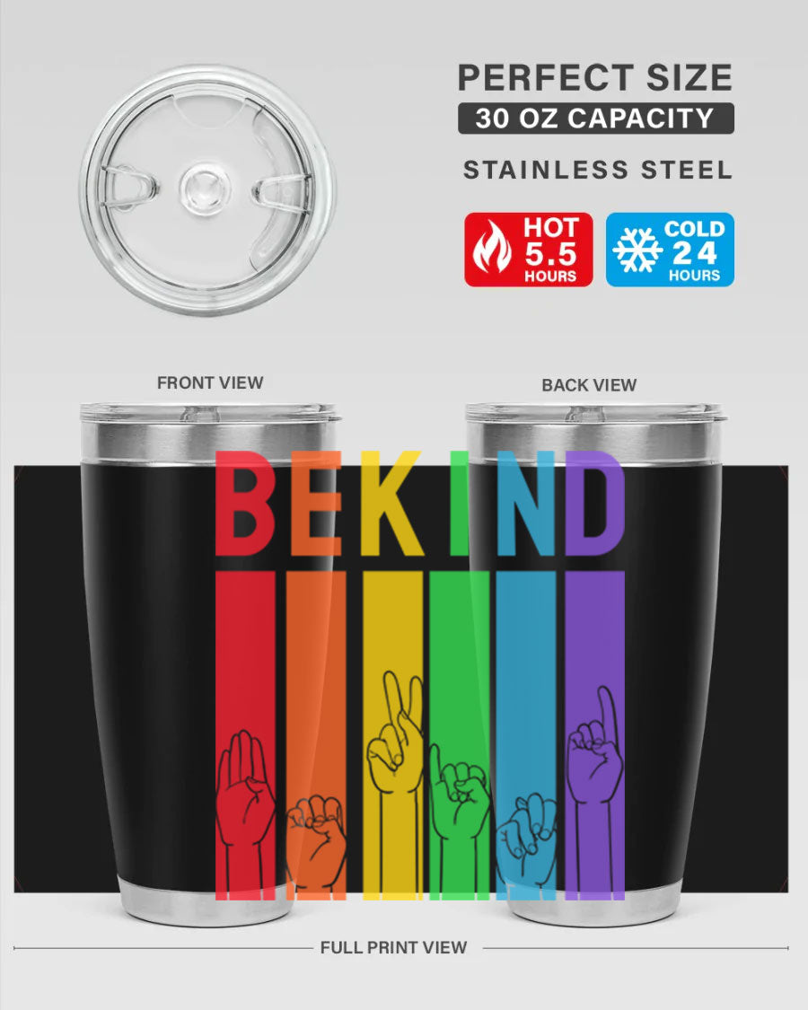 Be Kind Hand Sign Language Tumbler in stainless steel with a vibrant design promoting kindness, perfect for hot and cold beverages.