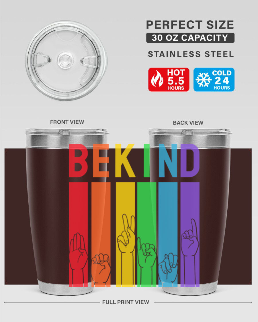 Be Kind Hand Sign Language Tumbler in stainless steel with a vibrant design promoting kindness, perfect for hot and cold beverages.