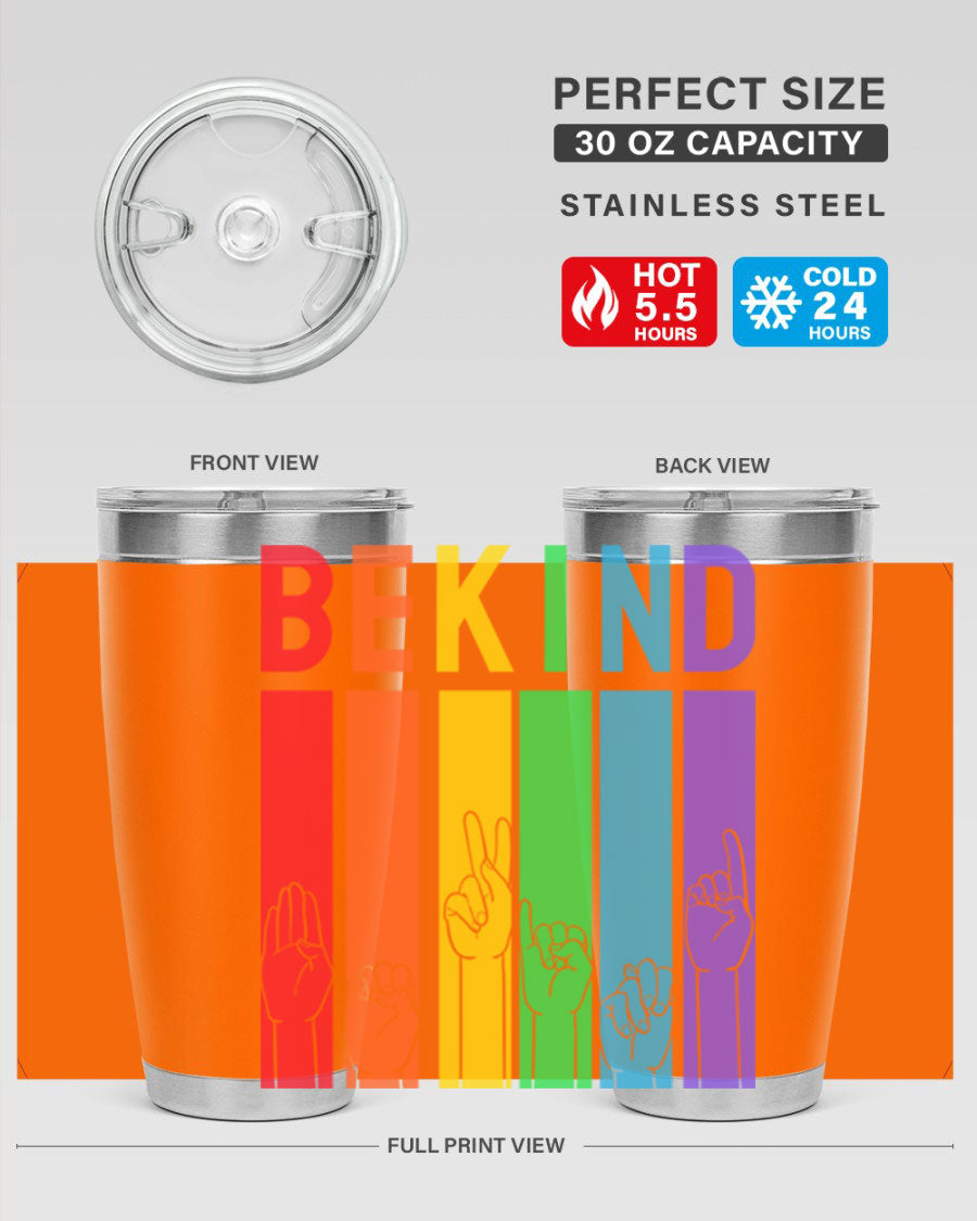 Be Kind Hand Sign Language Tumbler in stainless steel with a vibrant design promoting kindness, perfect for hot and cold beverages.