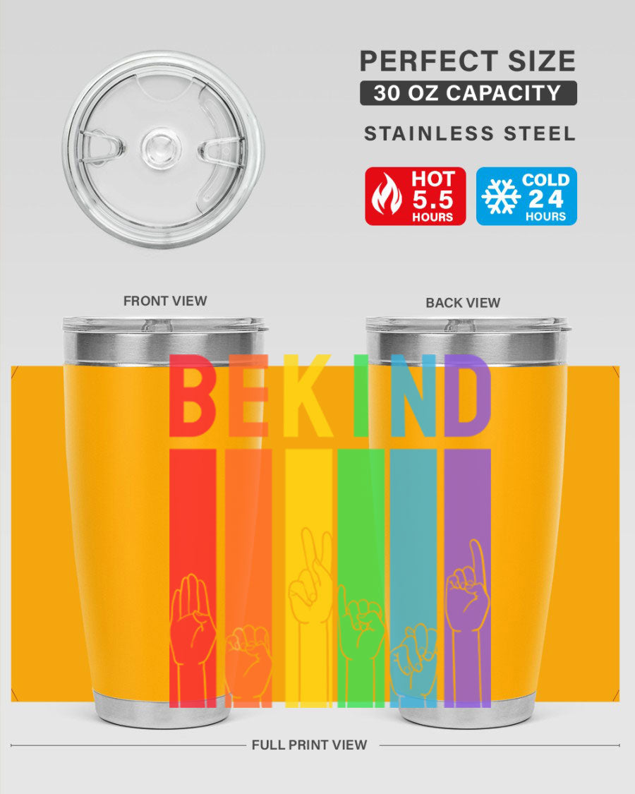 Be Kind Hand Sign Language Tumbler in stainless steel with a vibrant design promoting kindness, perfect for hot and cold beverages.