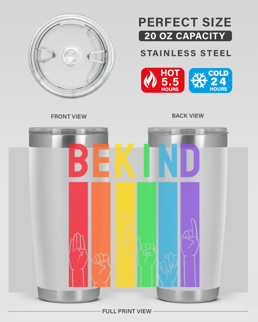 Be Kind Hand Sign Language Tumbler in stainless steel with a vibrant design promoting kindness, perfect for hot and cold beverages.