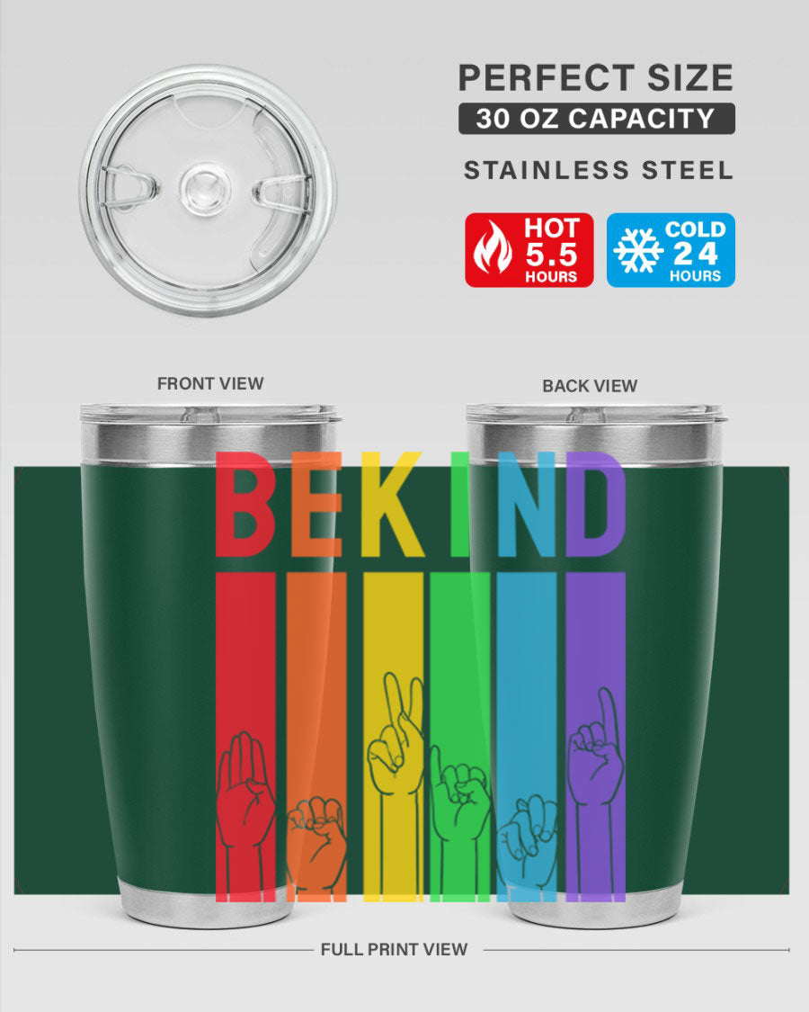 Be Kind Hand Sign Language Tumbler in stainless steel with a vibrant design promoting kindness, perfect for hot and cold beverages.