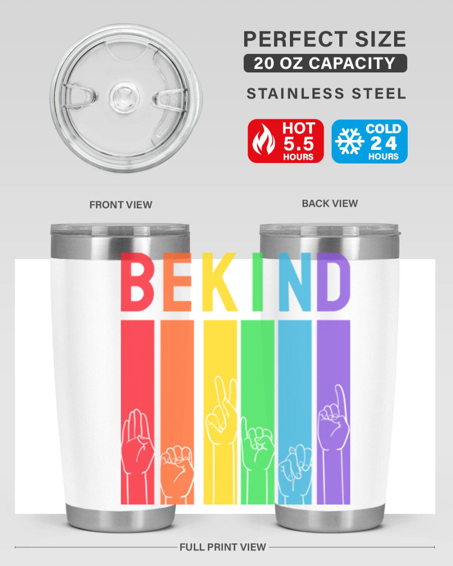 Be Kind Hand Sign Language Tumbler in stainless steel with a vibrant design promoting kindness, perfect for hot and cold beverages.