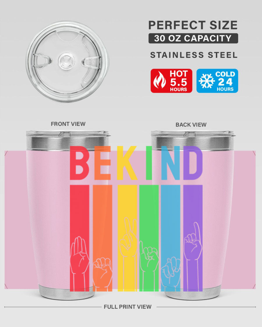 Be Kind Hand Sign Language Tumbler in stainless steel with a vibrant design promoting kindness, perfect for hot and cold beverages.