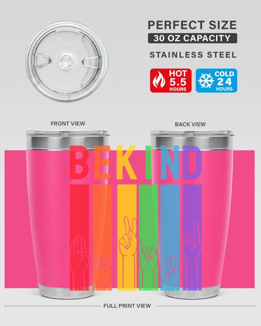 Be Kind Hand Sign Language Tumbler in stainless steel with a vibrant design promoting kindness, perfect for hot and cold beverages.