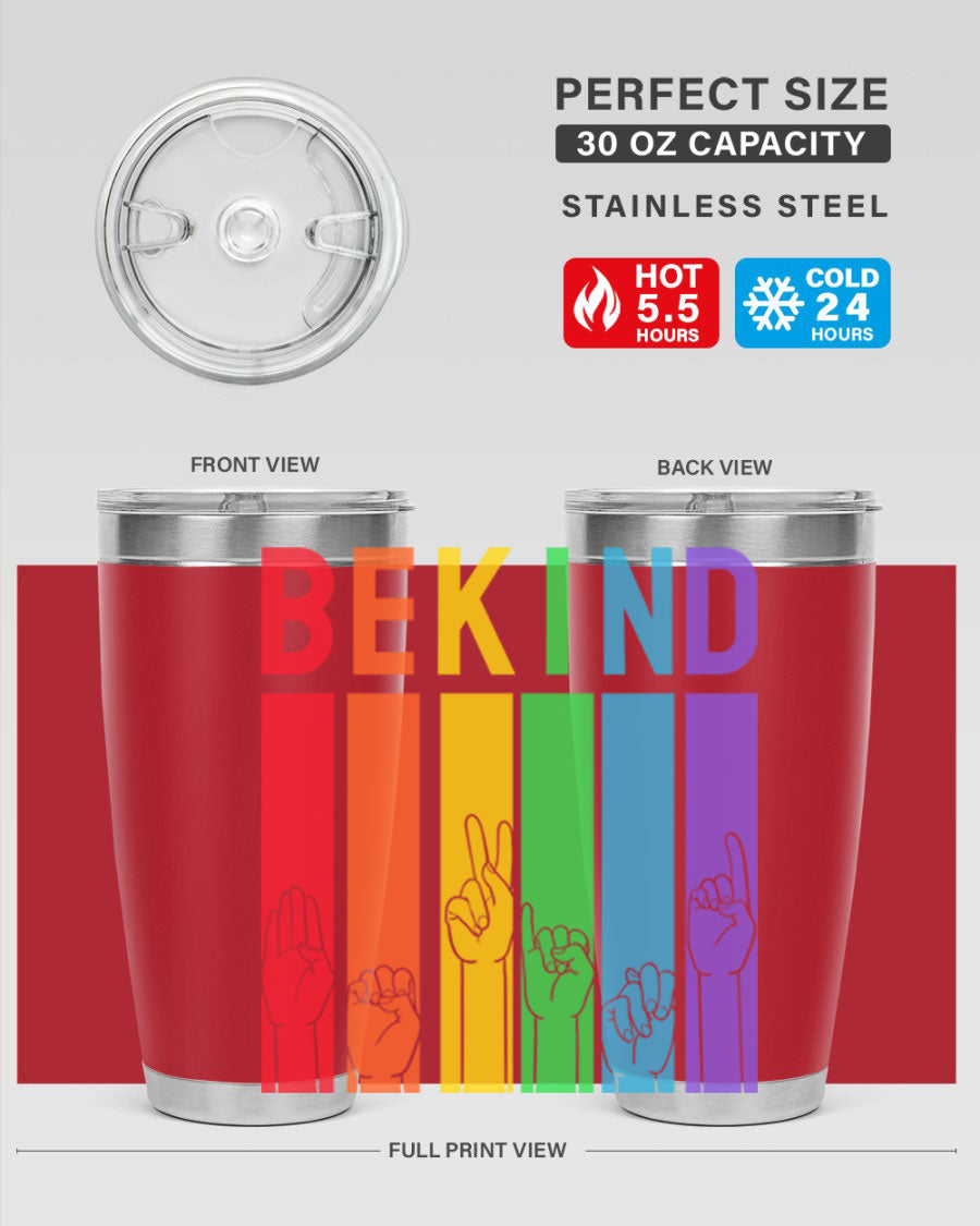 Be Kind Hand Sign Language Tumbler in stainless steel with a vibrant design promoting kindness, perfect for hot and cold beverages.