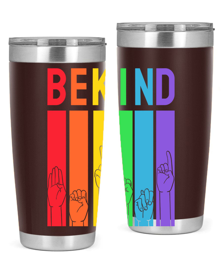 Be Kind Hand Sign Language Tumbler in stainless steel with a vibrant design promoting kindness, perfect for hot and cold beverages.