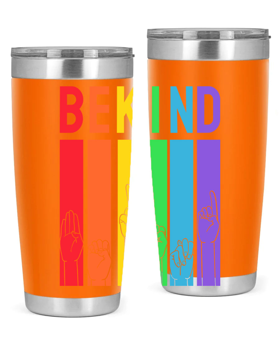 Be Kind Hand Sign Language Tumbler in stainless steel with a vibrant design promoting kindness, perfect for hot and cold beverages.