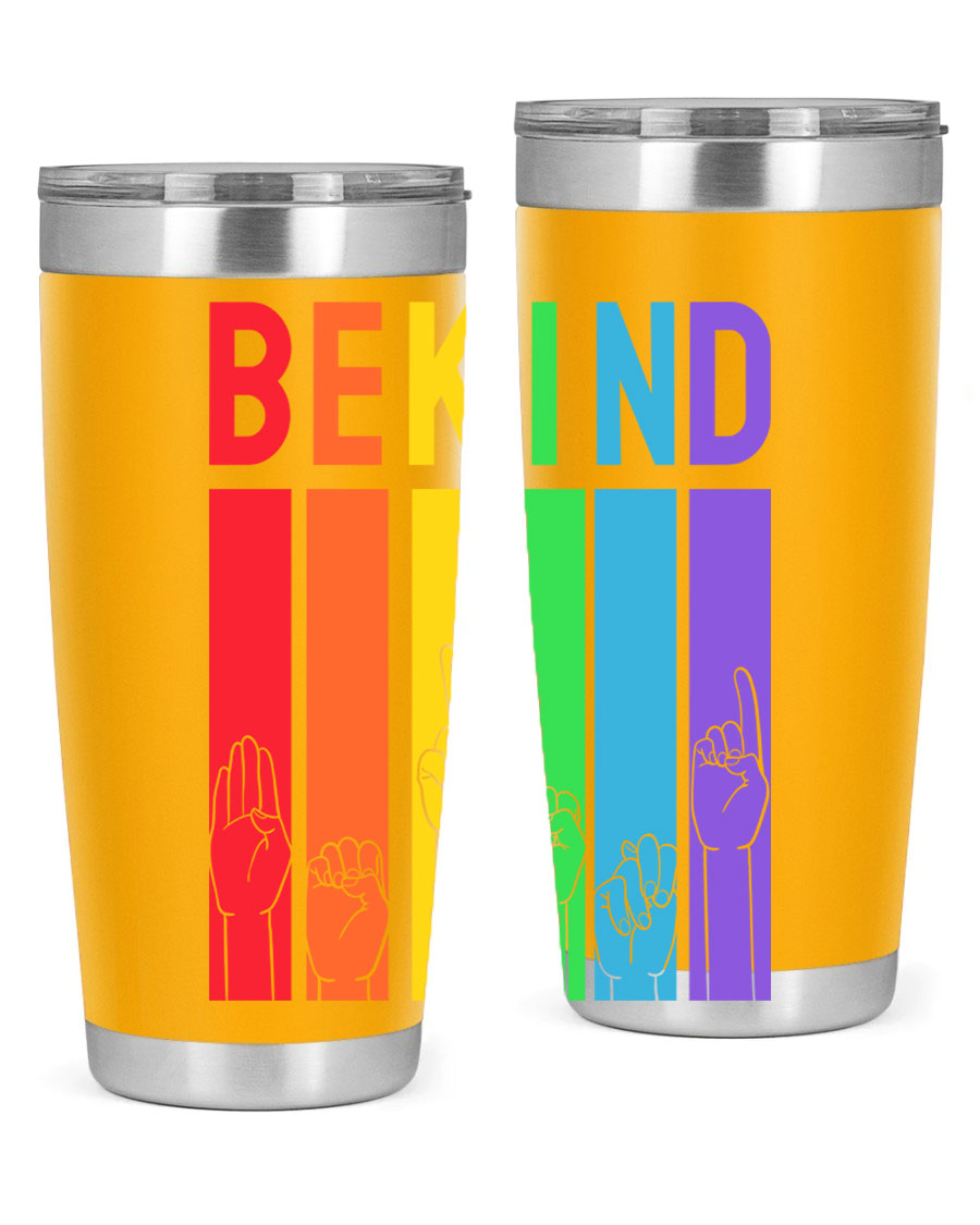 Be Kind Hand Sign Language Tumbler in stainless steel with a vibrant design promoting kindness, perfect for hot and cold beverages.