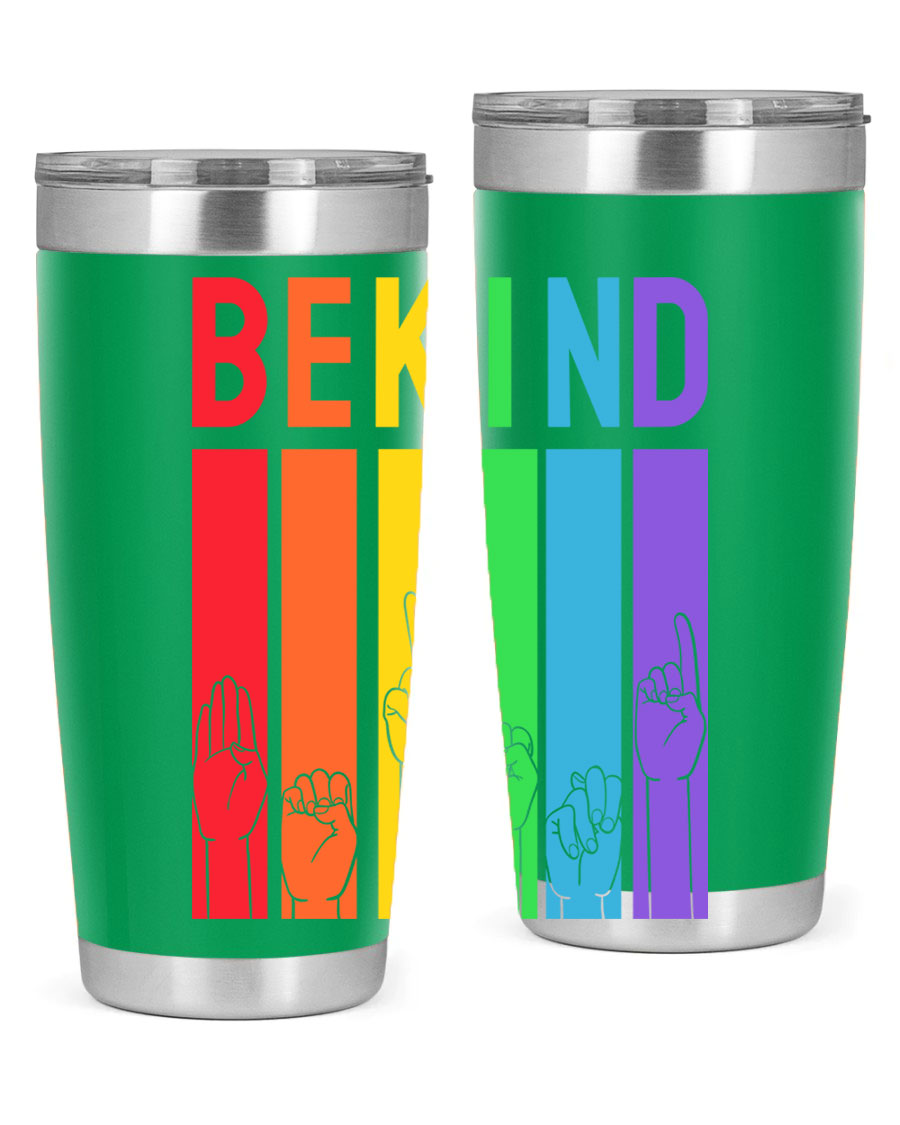 Be Kind Hand Sign Language Tumbler in stainless steel with a vibrant design promoting kindness, perfect for hot and cold beverages.