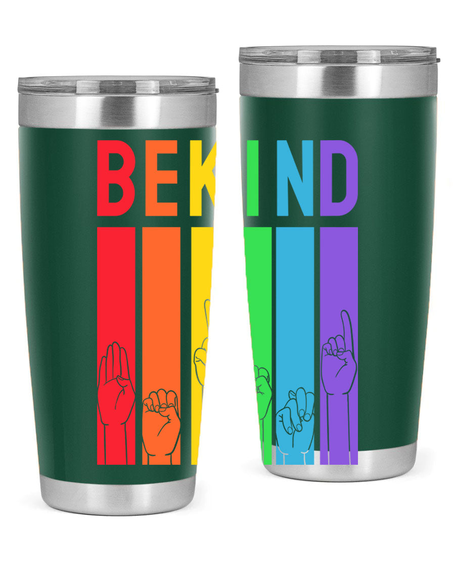 Be Kind Hand Sign Language Tumbler in stainless steel with a vibrant design promoting kindness, perfect for hot and cold beverages.