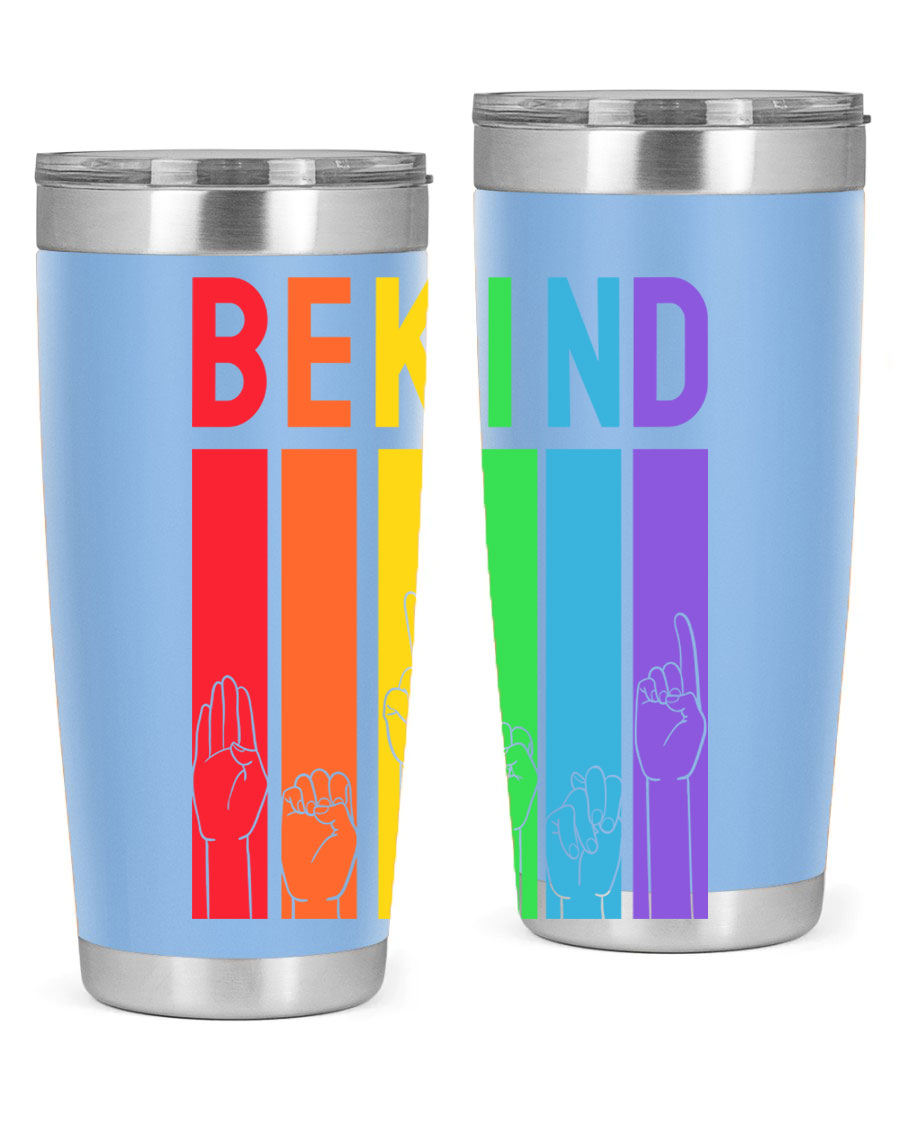 Be Kind Hand Sign Language Tumbler in stainless steel with a vibrant design promoting kindness, perfect for hot and cold beverages.