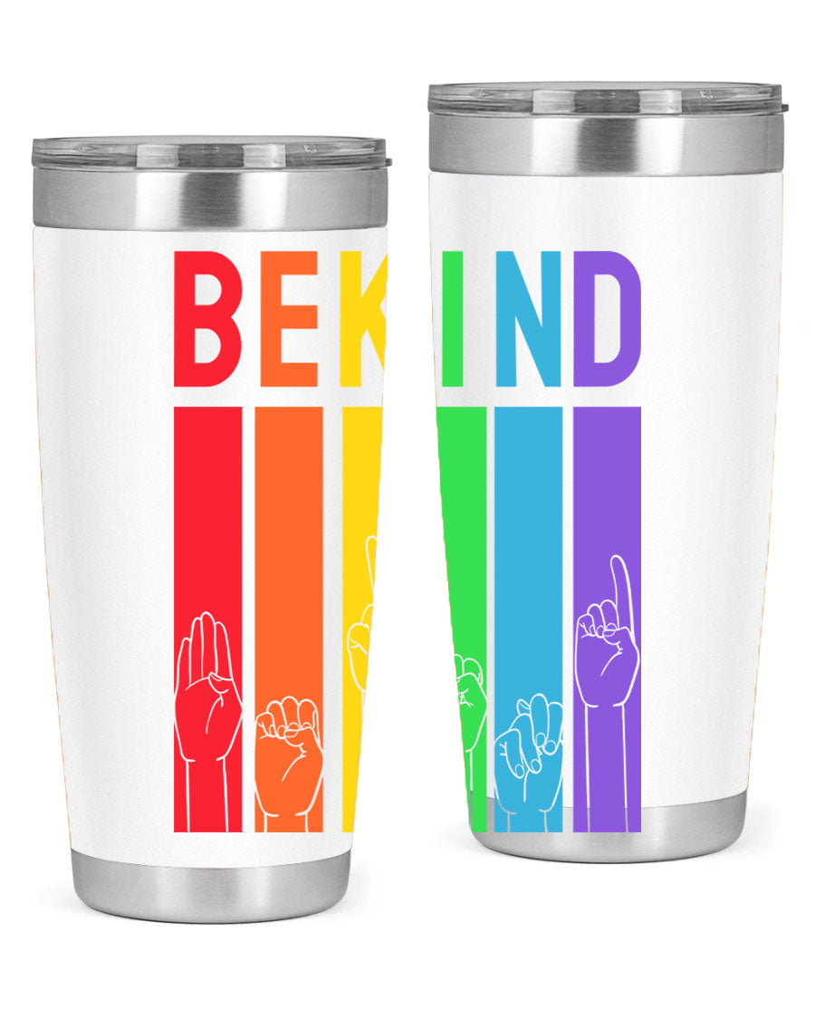 Be Kind Hand Sign Language Tumbler in stainless steel with a vibrant design promoting kindness, perfect for hot and cold beverages.