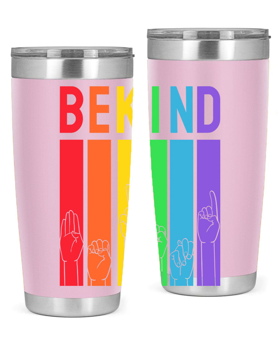 Be Kind Hand Sign Language Tumbler in stainless steel with a vibrant design promoting kindness, perfect for hot and cold beverages.