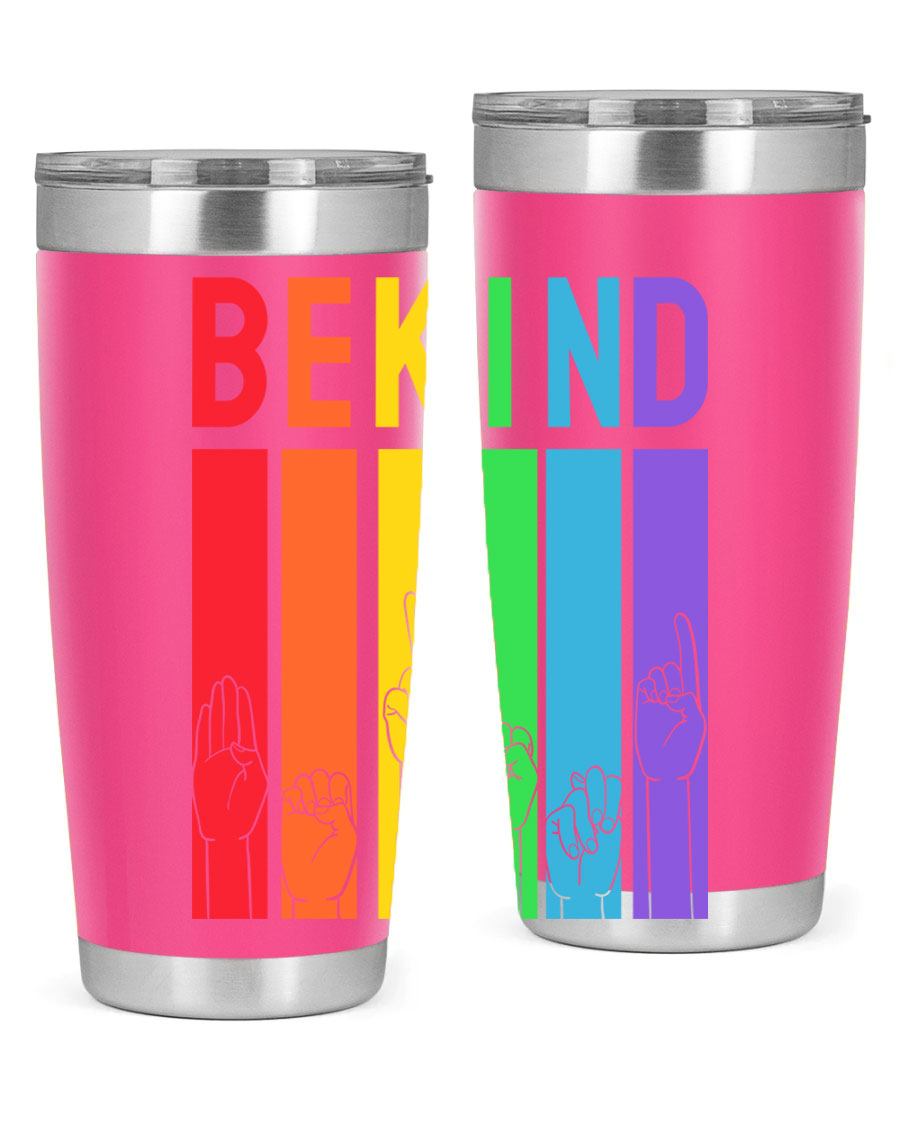 Be Kind Hand Sign Language Tumbler in stainless steel with a vibrant design promoting kindness, perfect for hot and cold beverages.