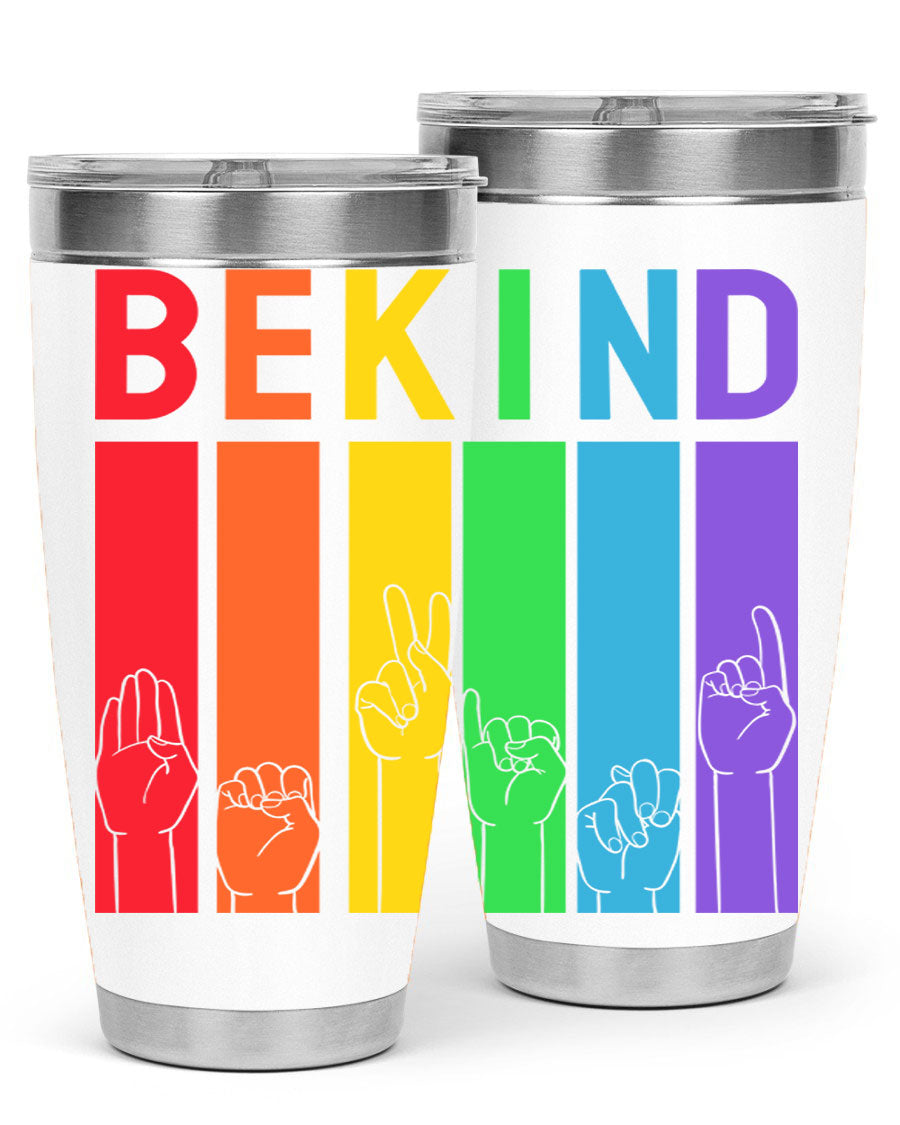 Be Kind Hand Sign Language Tumbler in stainless steel with a vibrant design promoting kindness, perfect for hot and cold beverages.