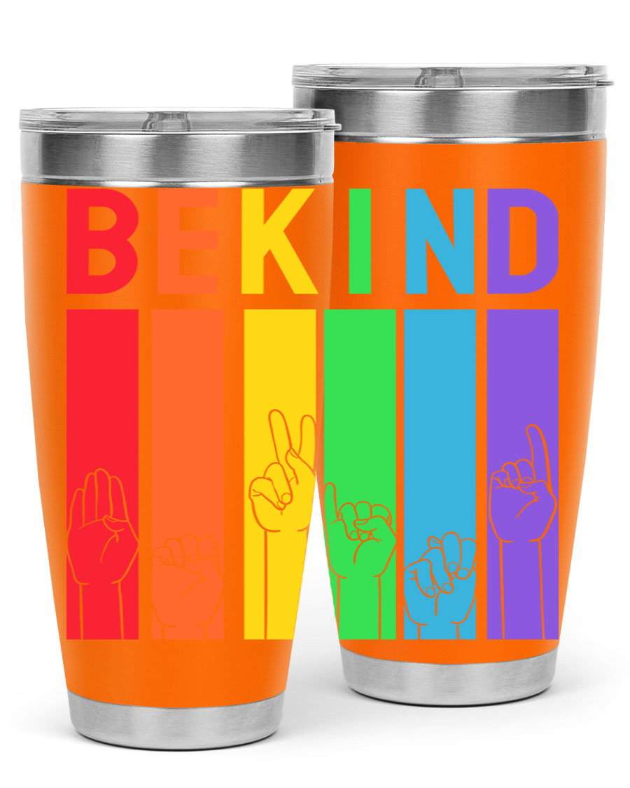 Be Kind Hand Sign Language Tumbler in stainless steel with a vibrant design promoting kindness, perfect for hot and cold beverages.