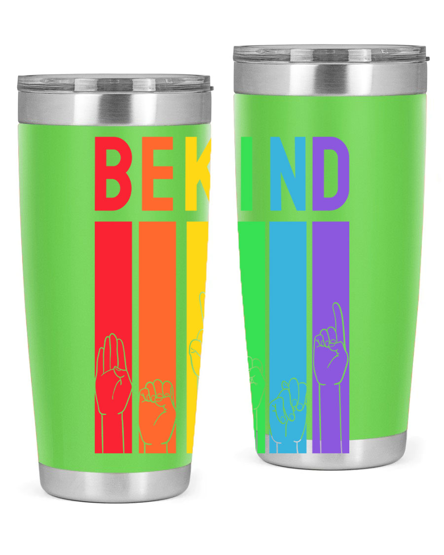 Be Kind Hand Sign Language Tumbler in stainless steel with a vibrant design promoting kindness, perfect for hot and cold beverages.