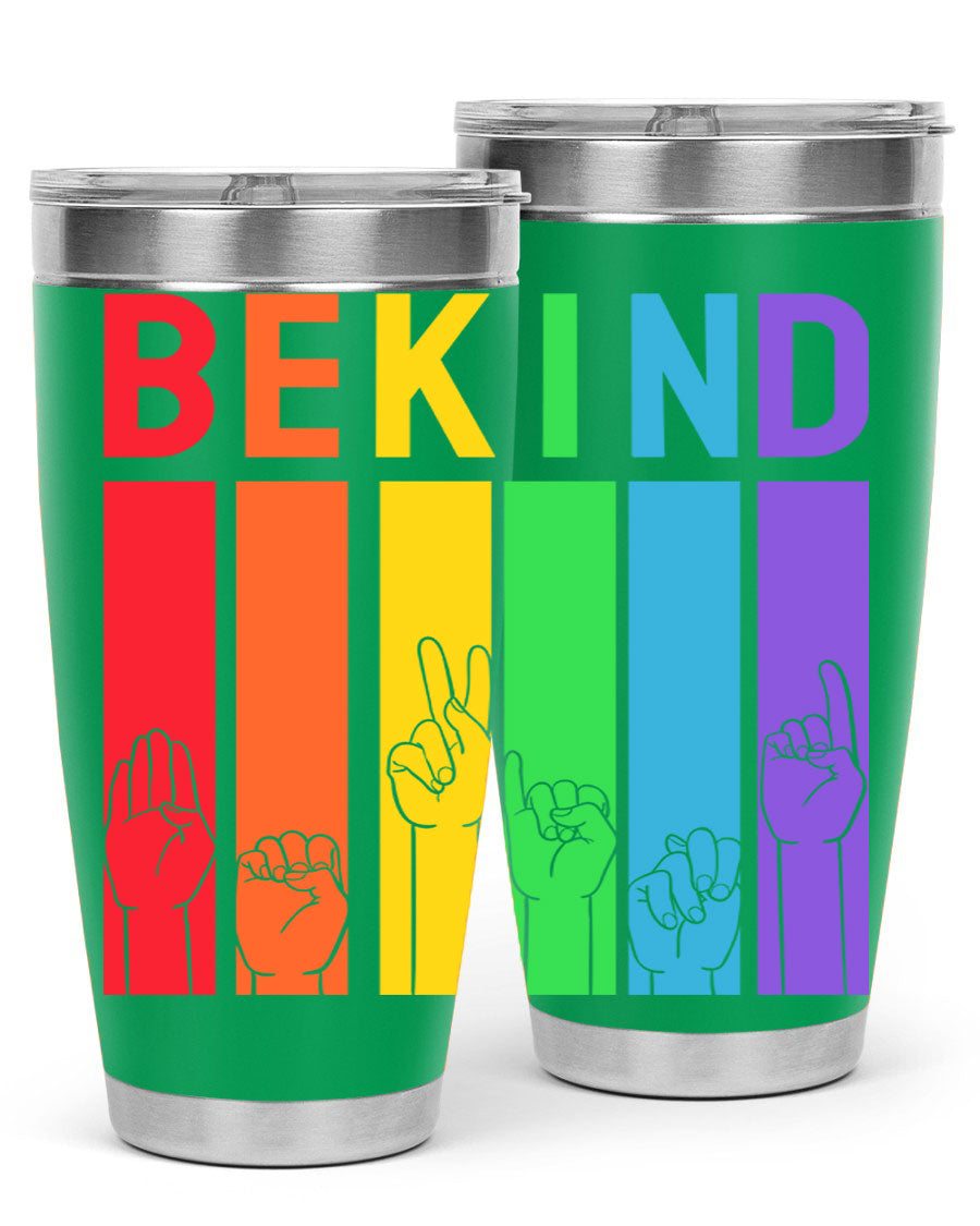 Be Kind Hand Sign Language Tumbler in stainless steel with a vibrant design promoting kindness, perfect for hot and cold beverages.