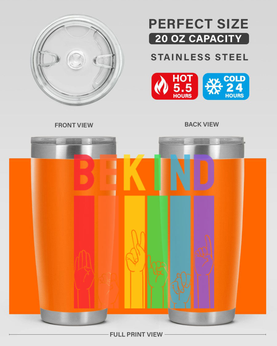 Be Kind Hand Sign Language Tumbler in stainless steel with a vibrant design promoting kindness, perfect for hot and cold beverages.