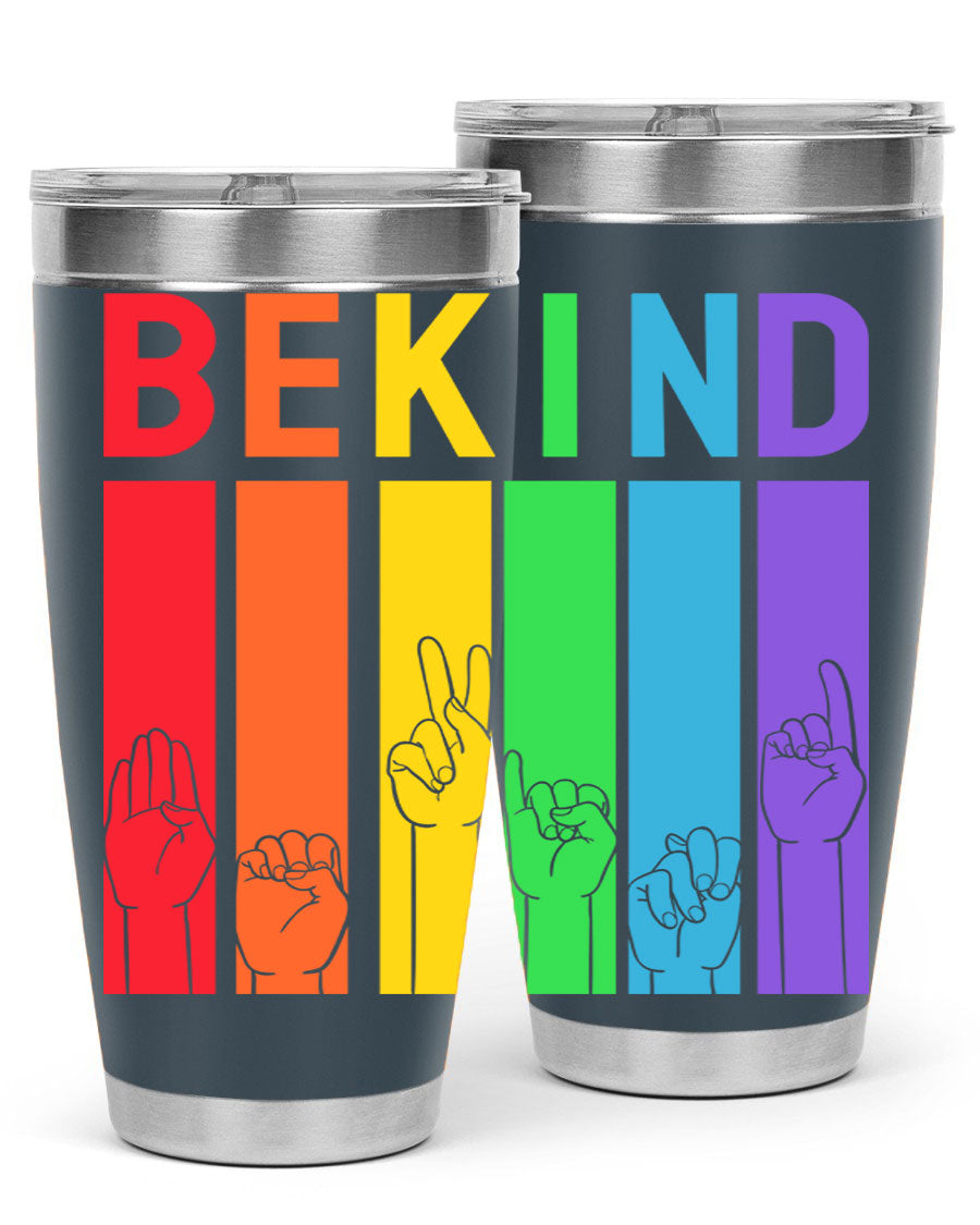 Be Kind Hand Sign Language Tumbler in stainless steel with a vibrant design promoting kindness, perfect for hot and cold beverages.