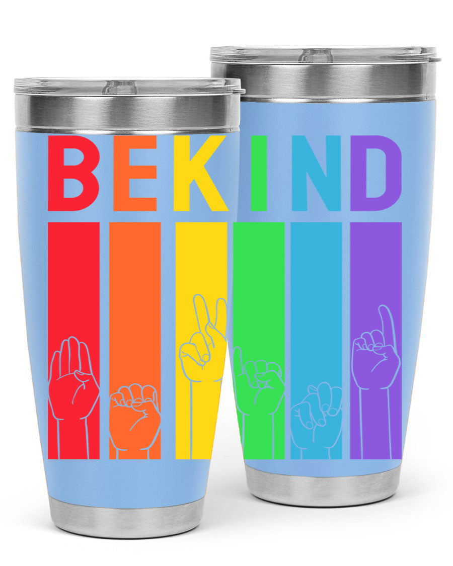 Be Kind Hand Sign Language Tumbler in stainless steel with a vibrant design promoting kindness, perfect for hot and cold beverages.