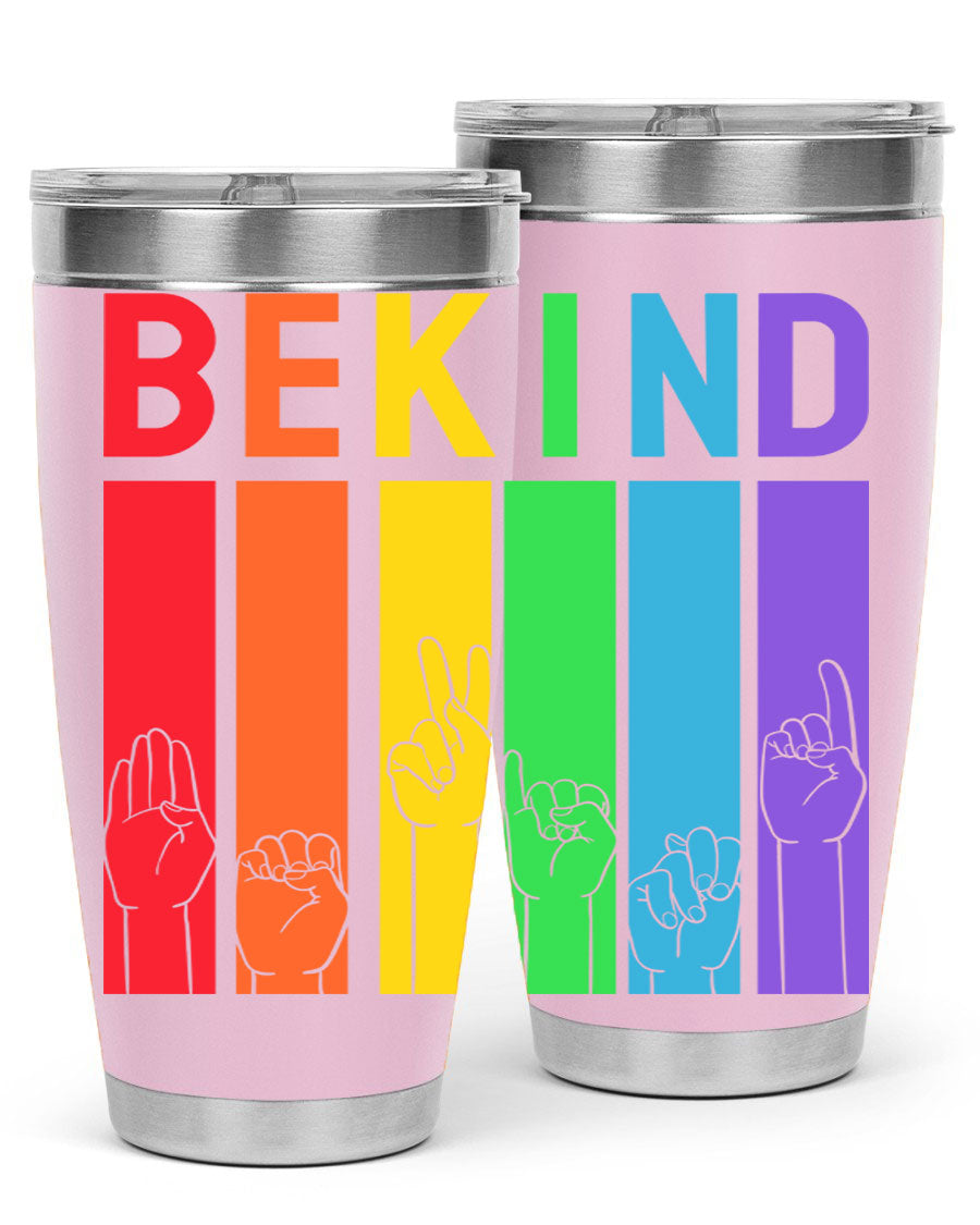 Be Kind Hand Sign Language Tumbler in stainless steel with a vibrant design promoting kindness, perfect for hot and cold beverages.