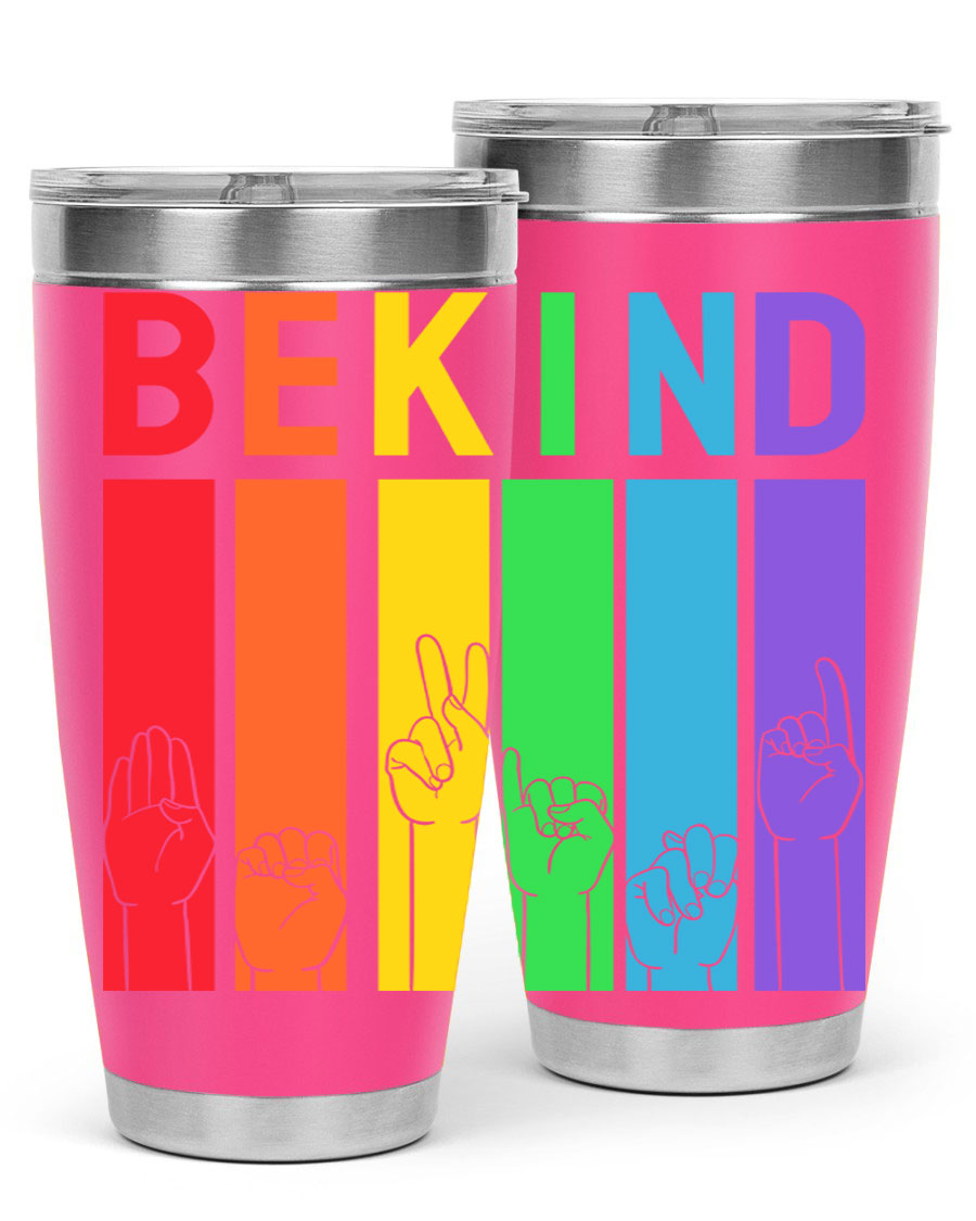 Be Kind Hand Sign Language Tumbler in stainless steel with a vibrant design promoting kindness, perfect for hot and cold beverages.