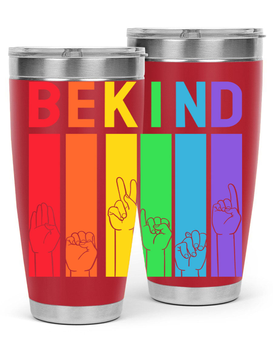 Be Kind Hand Sign Language Tumbler in stainless steel with a vibrant design promoting kindness, perfect for hot and cold beverages.