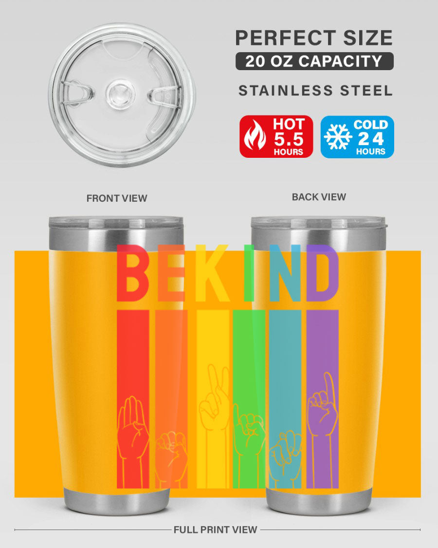 Be Kind Hand Sign Language Tumbler in stainless steel with a vibrant design promoting kindness, perfect for hot and cold beverages.