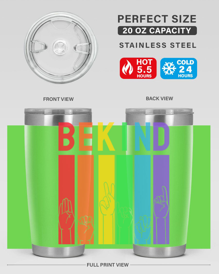 Be Kind Hand Sign Language Tumbler in stainless steel with a vibrant design promoting kindness, perfect for hot and cold beverages.