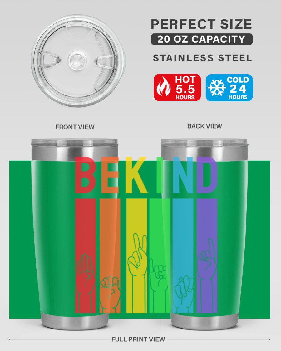 Be Kind Hand Sign Language Tumbler in stainless steel with a vibrant design promoting kindness, perfect for hot and cold beverages.