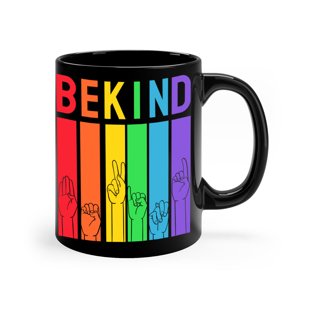 Be Kind Hand Sign Language Mug in five vibrant colors with a glossy finish and easy-grip handle, perfect for coffee and tea lovers.